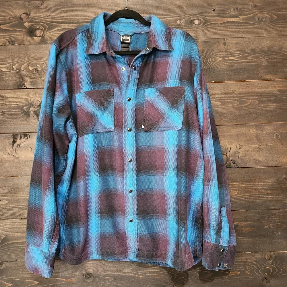 The North Face Mens Plaid Thick Flannel Shacket Shirt Jacket Large Pearl Snap